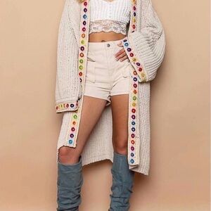 POL Ivory Chunky Oversized Knit Long Cardigan with Multicolor Trim BOHO Size M